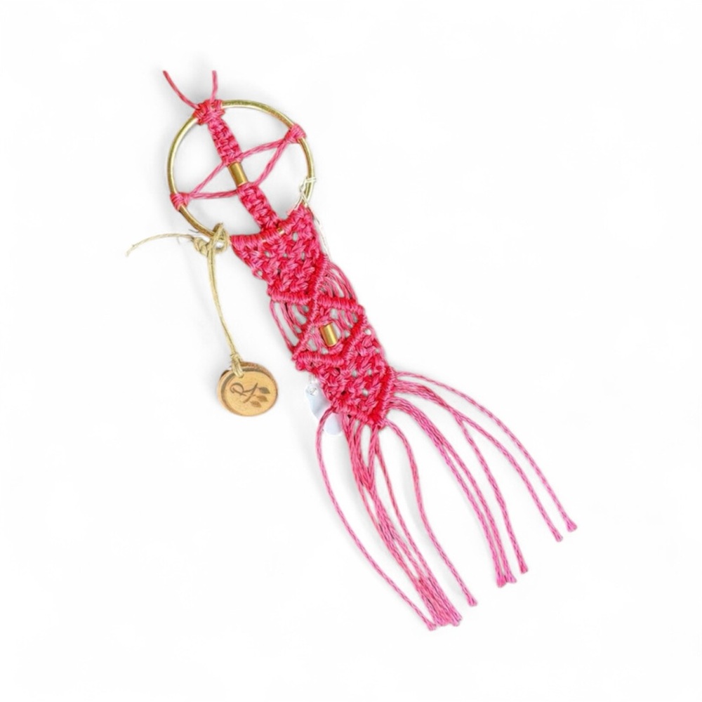 Handmade Pink Macrame Hanging with Brass Color Ring
